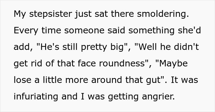 Text post with a user describing frustration about their stepsister’s smoldering expression and critical remarks.