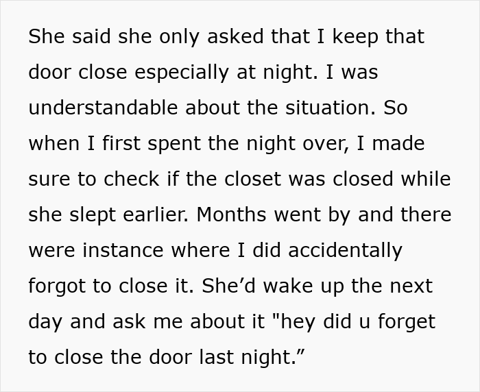 Text conversation explaining a guy forgetting to close his girlfriend’s closet door and her confronting him about it.