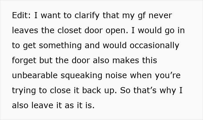 Text post explaining a guy’s frustration about closing his girlfriend’s closet door causing a squeaking noise.