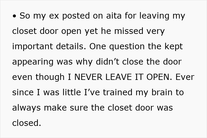Screenshot of a text post about a guy being vented online for not closing his girlfriend’s closet door as requested.