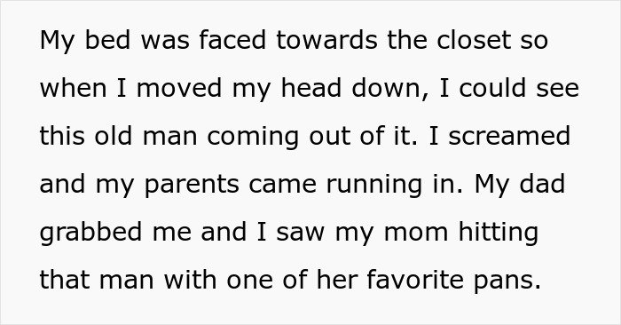 Text excerpt describing a bed facing the closet and a scary encounter with an old man emerging from it.