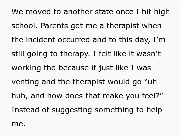 Text discussing ongoing therapy after a personal incident, with feelings about venting and therapist responses.