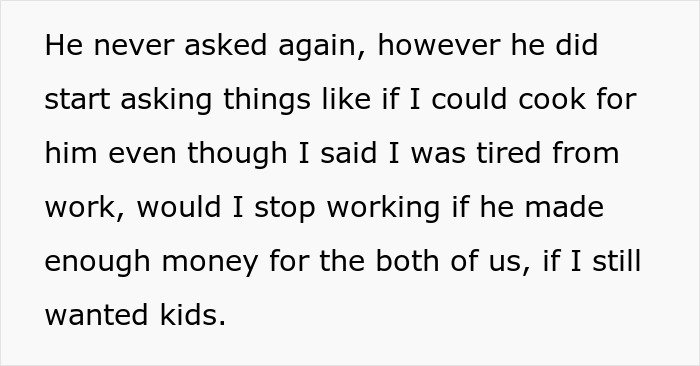 Text excerpt discussing relationship questions about cooking, work, money, and having kids in a couple’s conversation.