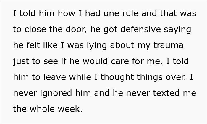 Text excerpt from a woman explaining her rule to close the closet door causing tension in the relationship.