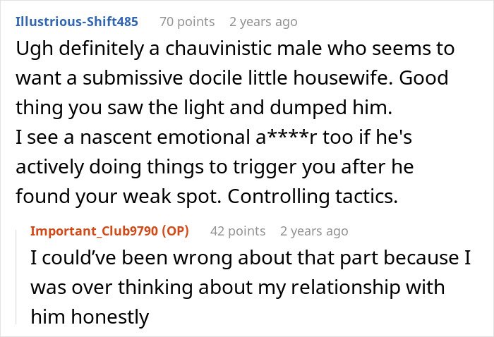 Screenshot of an online forum discussion where a guy vents about his girlfriend’s closet door request and she claps back.