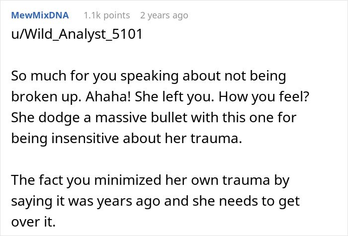 Screenshot of Reddit comment clapping back at a guy for minimizing his girlfriend’s trauma before their breakup online.