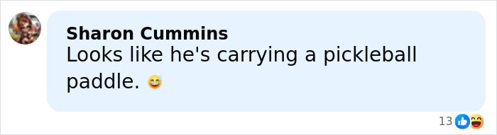 Comment by Sharon Cummins about Timothée Chalamet’s red carpet look, mentioning a pickleball paddle humorously.