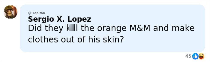 Comment by Sergio X. Lopez joking about clothing made from orange M&M skin, referencing Timothée Chalamet’s red carpet look.