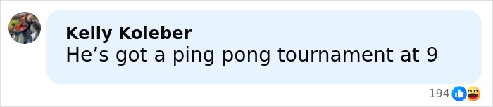 Social media comment about a ping pong tournament at 9, highlighting casual online interaction and fan reactions.