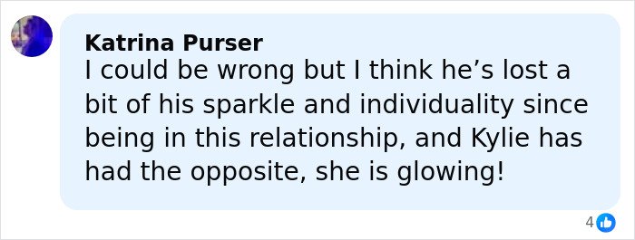Comment from Katrina Purser discussing Timothée Chalamet and Kylie Jenner’s relationship and fan reactions.