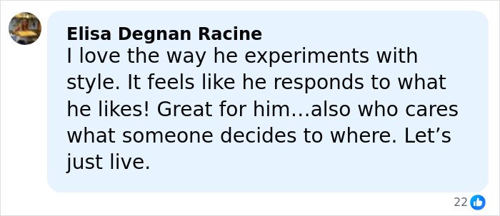 Social media comment praising Timothée Chalamet’s style and personal expression during red carpet events.