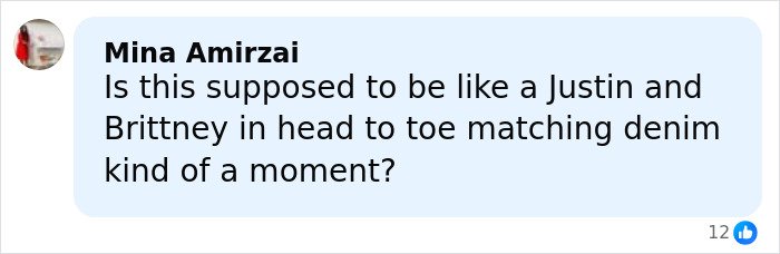 Comment by Mina Amirzai questioning matching denim outfits, related to Timothée Chalamet's red carpet look odd detail discussion.