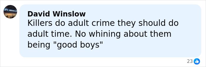 Comment from David Winslow stating killers should serve adult time without excuses, related to accused teens luring tactic.