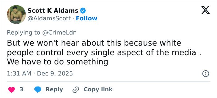 Tweet from Scott K Adams discussing media control and lack of coverage on a wealthy US student after altercation incident.