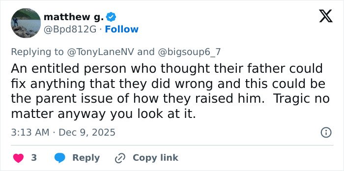 Tweet discussing an entitled wealthy US student and their behavior after leaving girlfriend unresponsive following an altercation.