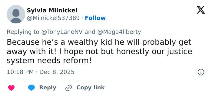 Screenshot of a tweet discussing a wealthy US student’s behavior and the need for justice system reform after an altercation.