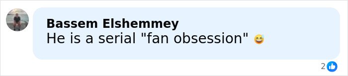 Comment from Bassem Elshemey describing a man involved in a danger incident as having serial fan obsession with a smiling emoji.