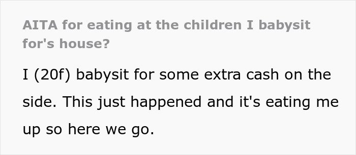 Text excerpt about babysitter eating food at the house, highlighting parents' puzzled reaction to pizza slices confession.