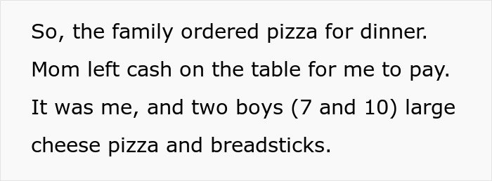 Text excerpt about family ordering pizza with cheese pizza and breadsticks, highlighting a babysitter and parents puzzled reaction.