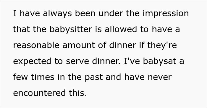 Text excerpt about babysitter allowed to eat reasonable dinner while serving, highlighting parents puzzled by babysitter eating pizza.