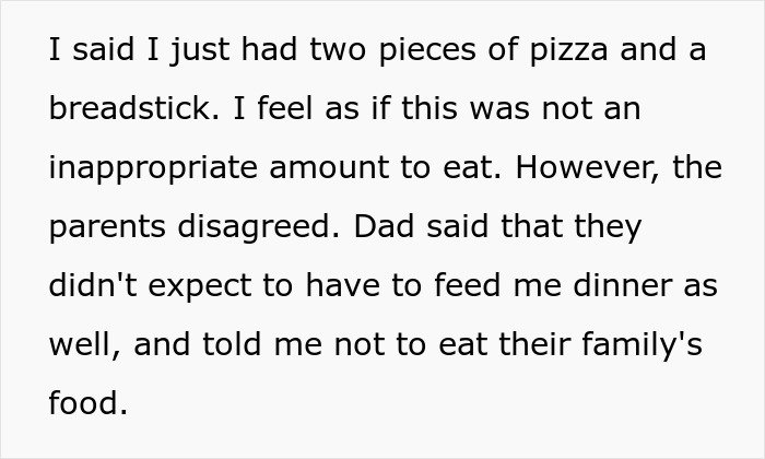 Babysitter admits to eating two slices of pizza, parents react with surprise and disagreement over food expectations.