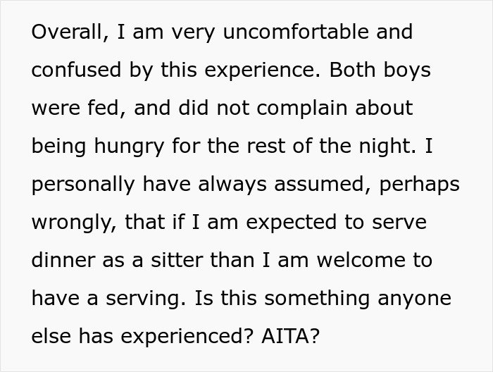 Text excerpt showing a babysitter confused about serving dinner, highlighting parents balk after babysitter eating pizza.