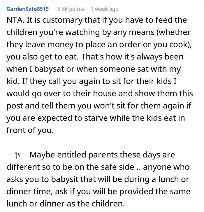 Reddit comment discussing parents’ reactions to babysitter eating two slices of pizza while babysitting.