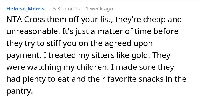 Comment on babysitter and parents, discussing fairness and providing snacks during childcare duties.