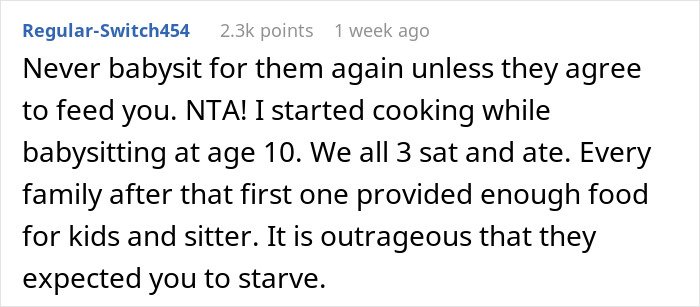 Reddit comment about parents balking after babysitter admits to eating two slices of pizza while babysitting.