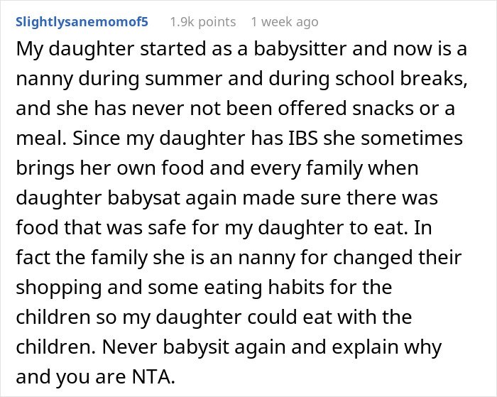 Screenshot of an online comment discussing babysitter experiences and parents’ reactions after pizza confession.