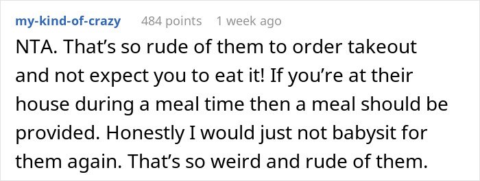 Screenshot of an online comment discussing parents’ reaction after babysitter admits to eating two slices of pizza.
