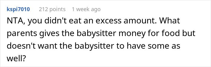 Comment discussing parents’ reaction after babysitter admits to having two slices of pizza, sparking debate.