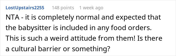 Comment from user discussing parents' puzzled reaction and babysitter eating two slices of pizza during babysitting.