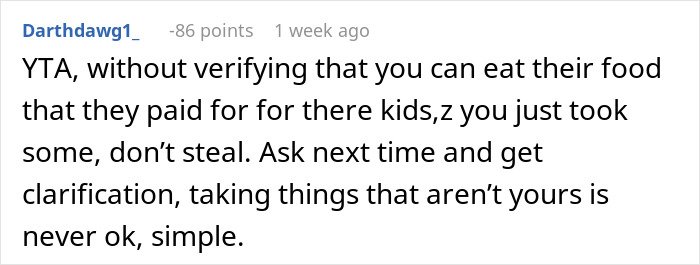 Comment criticizing babysitter for eating kids' food without permission in a heated online discussion thread.