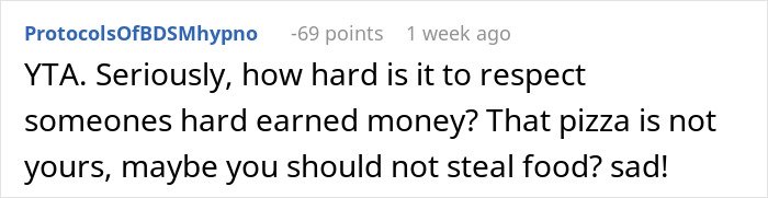 Comment about parents puzzled by babysitter confessing to eating two slices of pizza, discussing respect and food boundaries.
