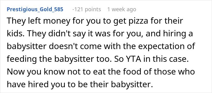 Screenshot of an online comment discussing parents’ reaction after babysitter eats two slices of pizza meant for their kids.