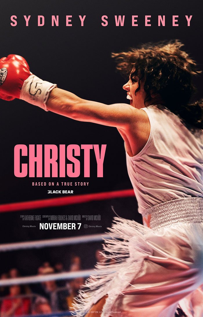 Sydney Sweeney in white boxing outfit throwing a punch in a ring with Sports Illustrated cover style design.