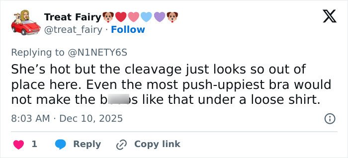 Tweet screenshot discussing Sydney Sweeney fans noticing an odd detail about cleavage in the Sports Illustrated cover.
