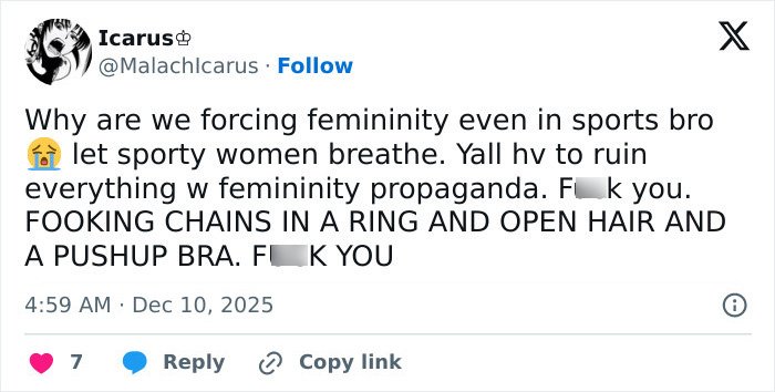 Social media post criticizing forced femininity in sports, reacting to a Sports Illustrated cover featuring Sydney Sweeney.