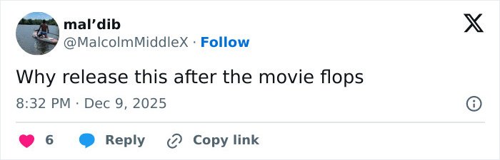 Twitter post by user mal’dib questioning why something was released after a movie flopped, reflecting on fan reactions.