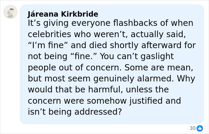 Comment on social media about Ariana Grande's family member discussing the singer's struggles and mental health concerns.