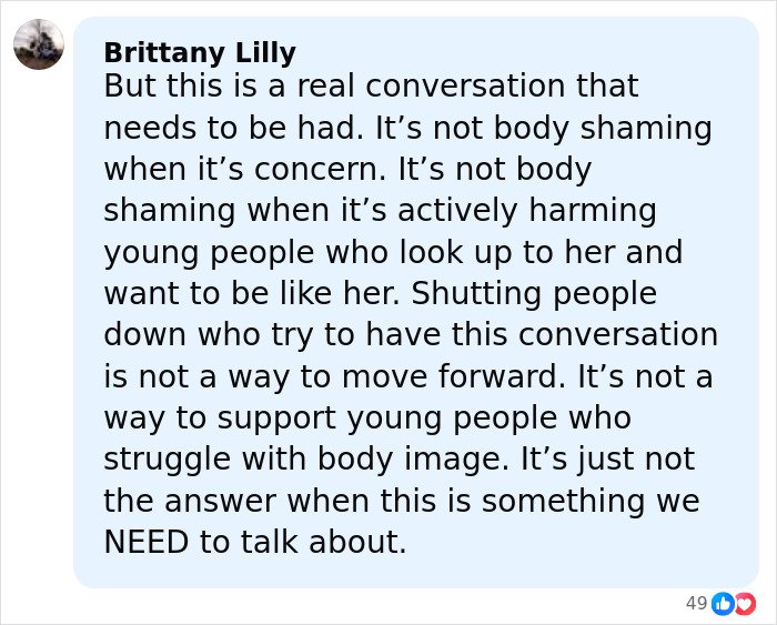 Comment from a family member addressing Ariana Grande's struggles and the impact on young people’s body image.