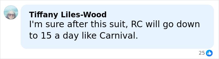 Comment by Tiffany Liles-Wood discussing cruise passenger incident and drink overconsumption on social media post.