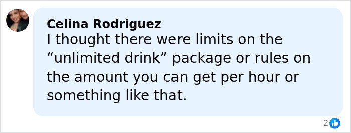 Comment by Celina Rodriguez questioning limits on unlimited drink packages and hourly drink amounts on a cruise ship.
