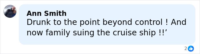 Comment by Ann Smith expressing outrage over cruise passenger's body and family suing the cruise ship after excessive drinks served.