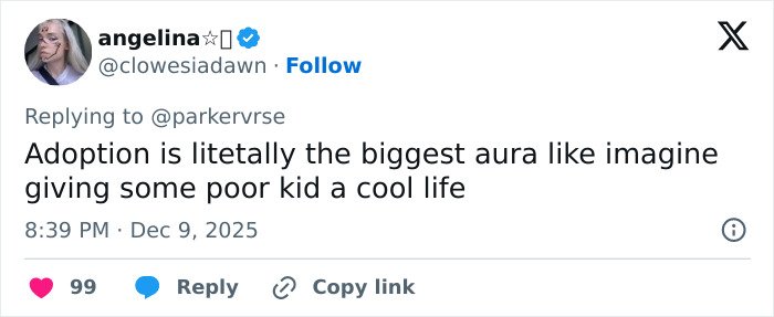 Screenshot of a tweet discussing adoption with a viral theory about Millie Bobby Brown’s newborn daughter online.