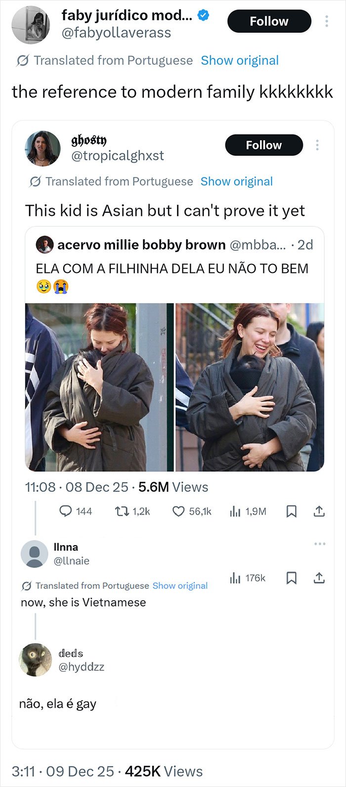 Twitter thread showing users discussing a viral theory about Millie Bobby Brown's newborn daughter with recent photos.