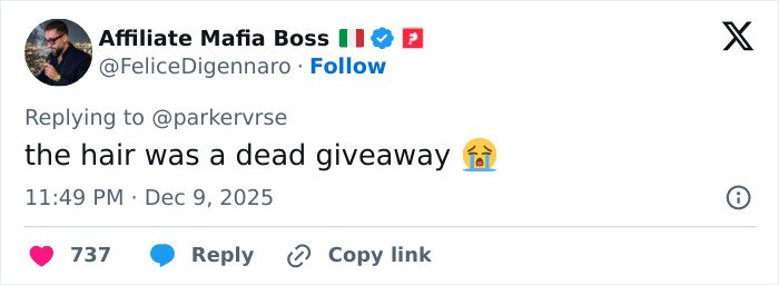 Tweet from Affiliate Mafia Boss reacting with crying emoji about hair being a dead giveaway in viral theory on Millie Bobby Brown's newborn daughter.