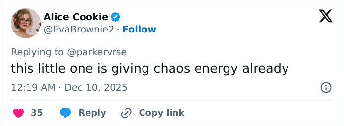 Tweet by Alice Cookie about a viral theory regarding Millie Bobby Brown’s newborn daughter’s energy and new pics.