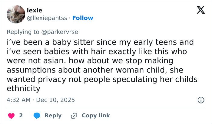 Alt text: Social media comment discussing a viral theory about Millie Bobby Brown's newborn daughter's hair and ethnicity speculation.
